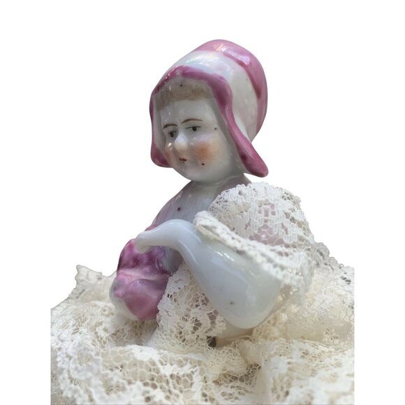 VTG Porcelain Pin Cushion Half Doll Lace Dress Pink Bonnet Rosy Cheeks - Picture 3 of 10